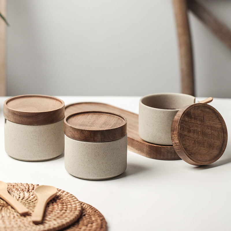Retro Ceramic Seasoning Jars Home Day Style Flavoring Pint Kitchen Salt Jars MSG POWDER STORAGE BOX SUIT WITH SPOON