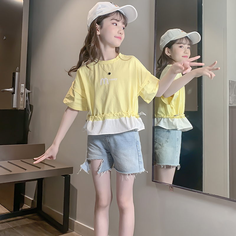 Cô gái mùa hè váy net set đỏ 2020 theo phong cách nước ngoài mới trẻ em mùa hè ngắn sleevefashionable thời trang trẻ em lớn hai mảnh cô gái.