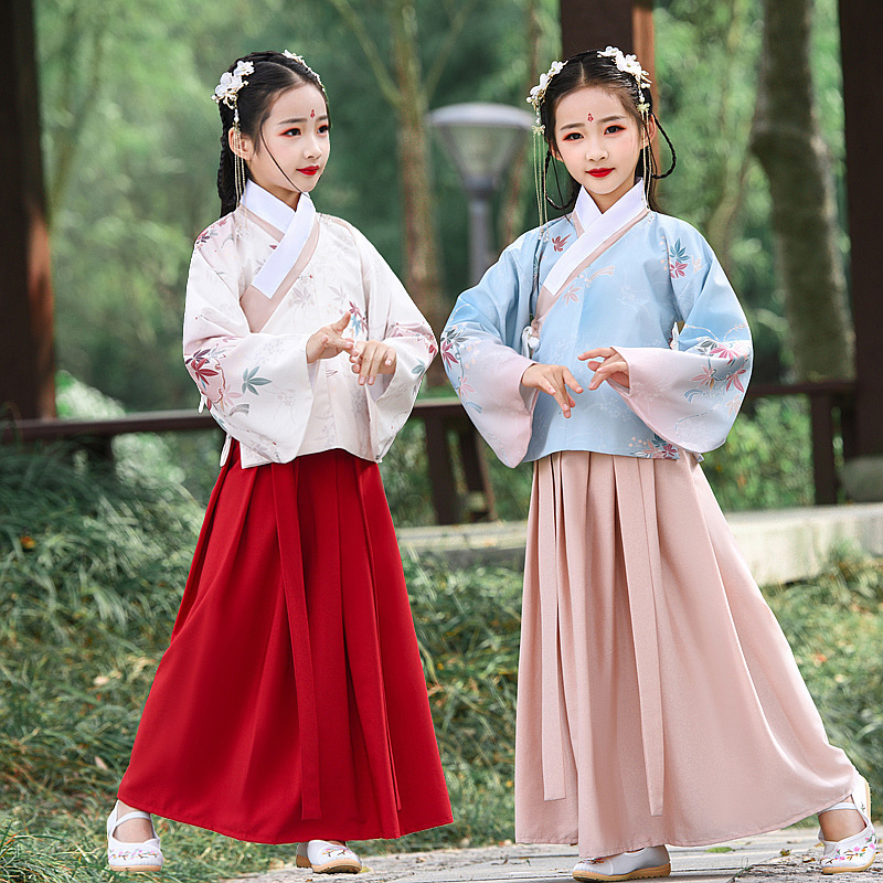 Childrens Chinese Hanfu girls Chinese style Ming dynasty printed shirt and skirt