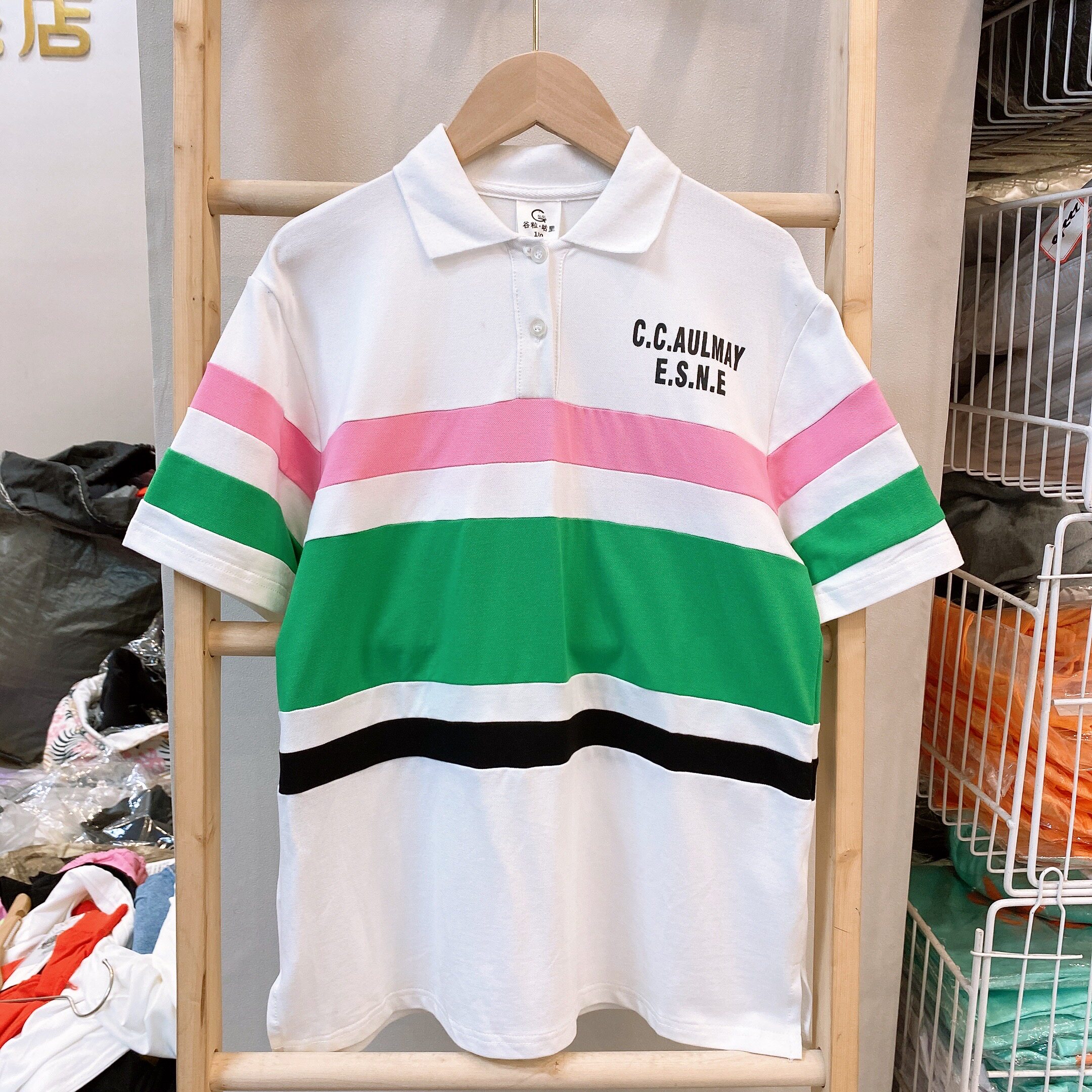 Girls Korean version of the striped color contrasting color summer new big children's loose long Polo collar short-sleeved dress 12070
