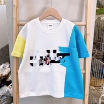Brand summer 100-170 yards medium and large childrens Korean version of foreign style hit color labeling color matching short-sleeved T-shirt 6715 can be parent-child