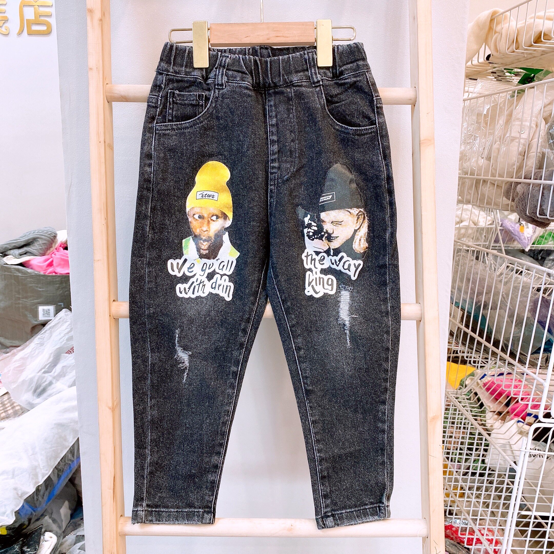 Brand Spring and Autumn Children's Korean Version Cute Cartoon Print Soft Elastic Dad Jeans 97327