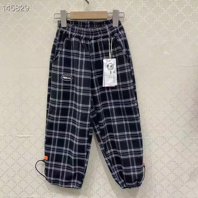 2022 New Boys and Girls Plaid Drawstring Style Middle and Big Kids Plus Velvet Warm Loose Casual Pants 187151