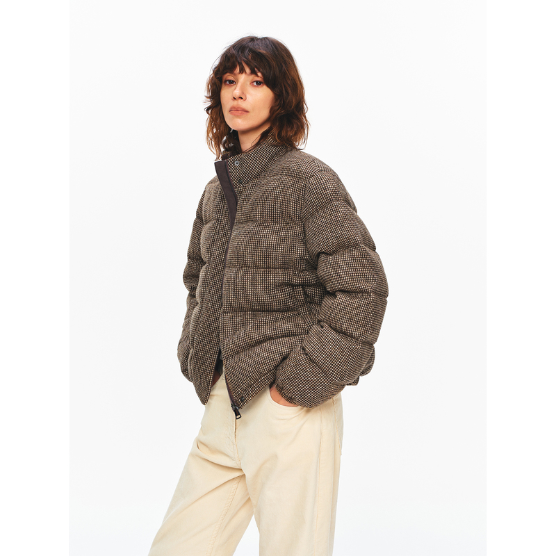 Taffa Tang Fa Fa Autumn/Winter New Vintage Brown Wool Stand Collar Floral Yarn Houndstooth White Goose down Jacket for Women Taffa Tang Fa Fa Autumn/Winter New Vintage Brown Wool Stand Collar Floral Yarn Houndstooth White Goose down Jacket for Women