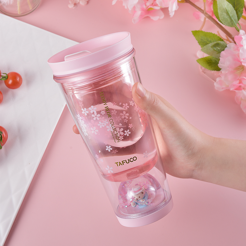 Japan taifugao teddy treasure cherry blossom cup lady landscape cup double ironproof sealed leakproof plastic cup