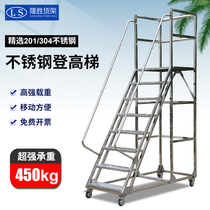Stainless steel aerial vehicle supermarket warehouse operation loading tally climbing ladder mobile ladder platform shelf ladder with wheels