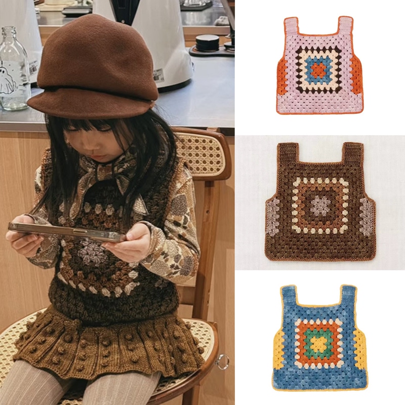 All-Wool Hand-Knitted Crochet Color-Blocked Vest for Children and Girls, Retro Brown Knitted Vest, Mp Owl Collaboration Model
