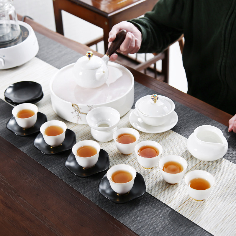 Home Kiln Kongfu Tea Furniture Group Home Brief Shea Butter Jade White Porcelain Tea Tray Small Tea Cup Ceramic Lid Bowl Tea Pot Tea Pot