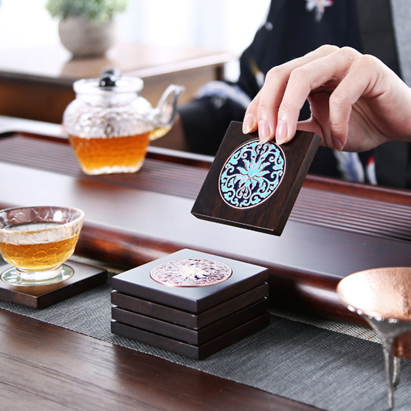 Shengyao Jingtai Blue Cup cushion Black sandalwood Gongfu tea Toenamel cup Tosolid wood heat insulation mat Home Tea Road Zero fit-Taobao