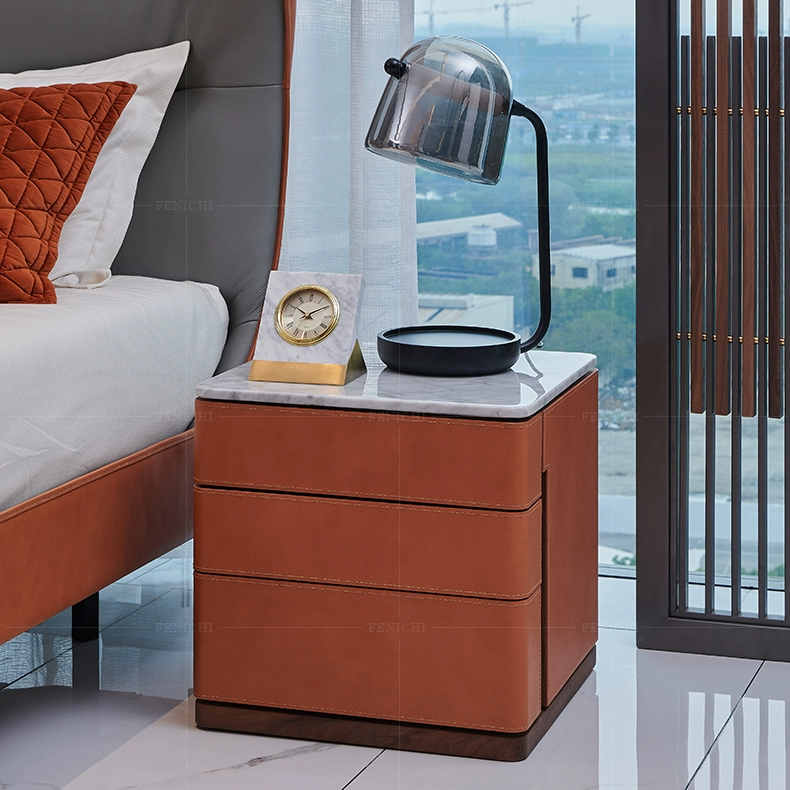 Ý tối giản gỗ óc chó rắn bàn đầu giường bằng đá cẩm thạch hiện đại da cam nghệ thuật sáng tạo bàn đầu giường ánh sáng đồ nội thất sang trọng - Buồng