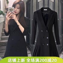 Blazer women 2020 autumn and winter New Long Sleeve V collar professional black waist waist long pleated suit dress