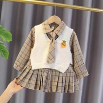 Girl Spring Autumn Dress Dress Foreign Air College Wind Inglém JK Plaid Skirt Childrens Dress Mid-Kids Uniform Skirt Tide
