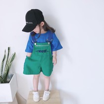 Girl Summer Clothing Suit Summer New Children Foreign Air Trendy Small Child Girl Baby Short Sleeve Back Strap Pants Two Sets