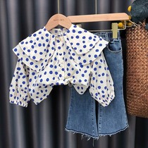 Girl Spring Clothing Suit 2022 Spring Autumn Han Edition Children Long Sleeve Blouse Blouse Women Baby Denim Broadlegged Pants Two Sets Tide