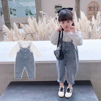 Girls spring suit two sets of 2022 new spring and autumn Korean version of the ocean pistachio red childrens baby denim back belt pants