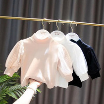 Girl Beating Undershirt Spring Dress 2022 New Baby Children Spring Autumn Ocean Air Bubble Sleeves High Collar Long Sleeve T-shirt