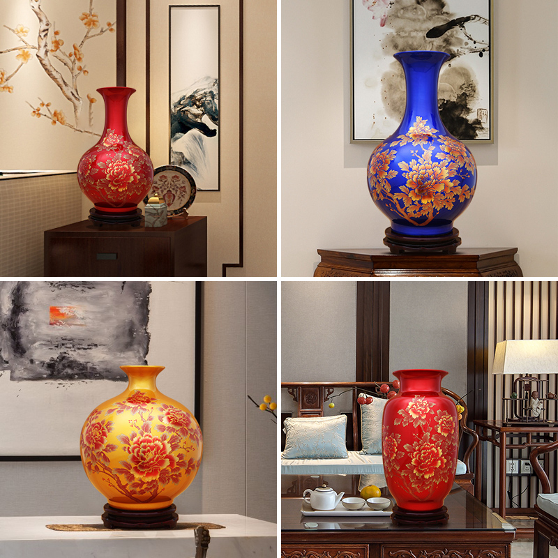 Jingdezhen ceramics glaze crystal vase furnishing articles China red sitting room of Chinese style household flower arranging wedding decoration