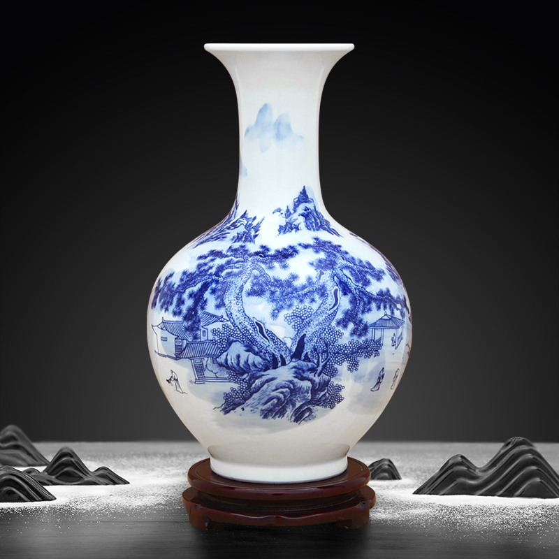 Jingdezhen porcelain blue and white porcelain vase Landscape decoration Chinese living room flower arrangement decoration Entrance craft bottle