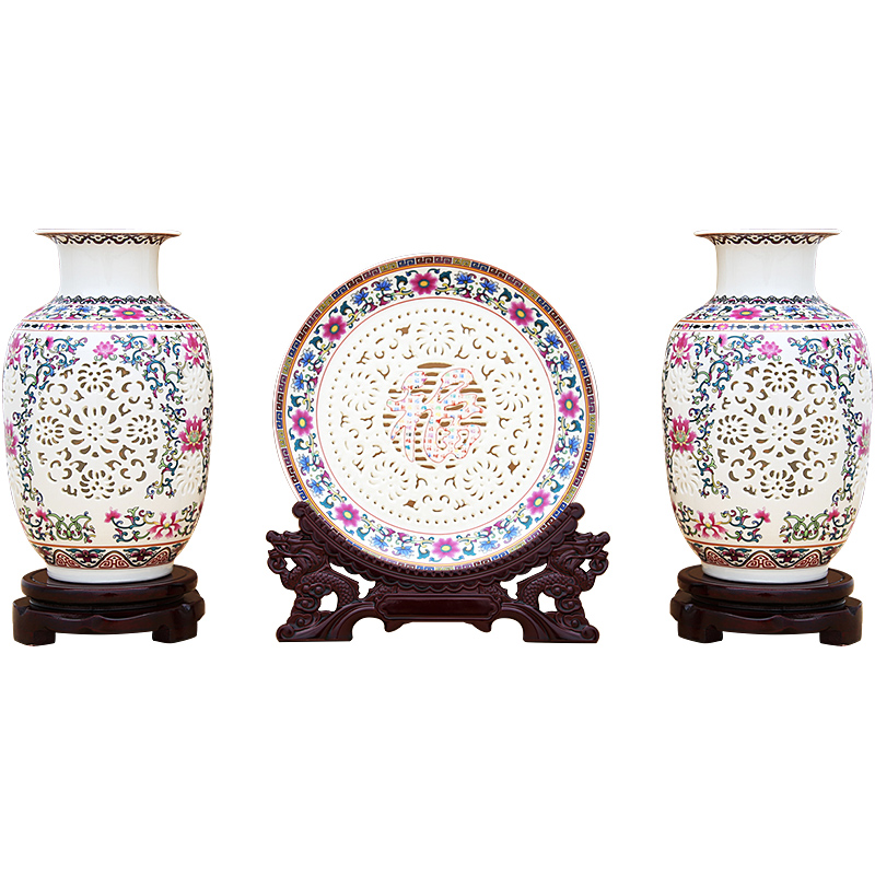 Chinese jingdezhen ceramics powder enamel hollow porcelain vase three - piece rich ancient frame furnishing articles home sitting room adornment