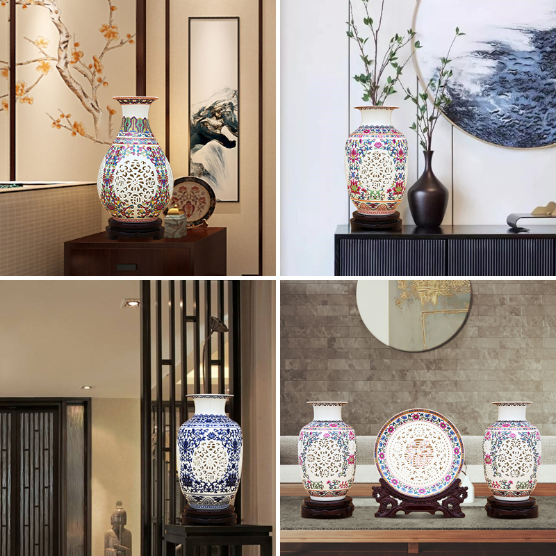 Chinese jingdezhen ceramics powder enamel hollow porcelain vase three - piece rich ancient frame furnishing articles home sitting room adornment