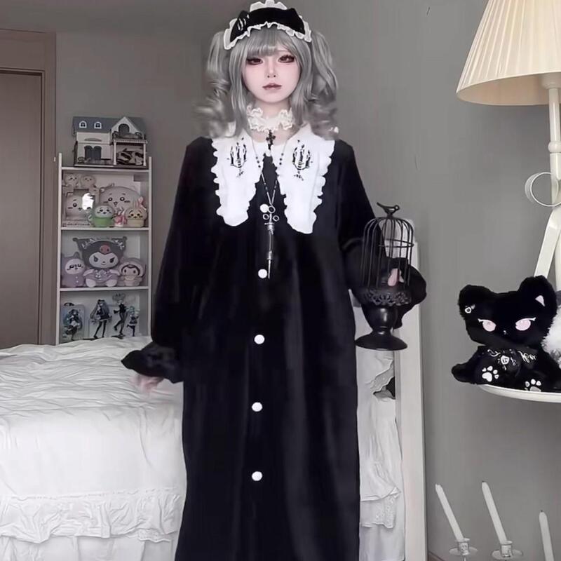 Winter Pajama Dress for Women Dark Gothic Style Coral Flannel Nightgown Mid-Length Thickeneded Loose Can Be Worn Outside