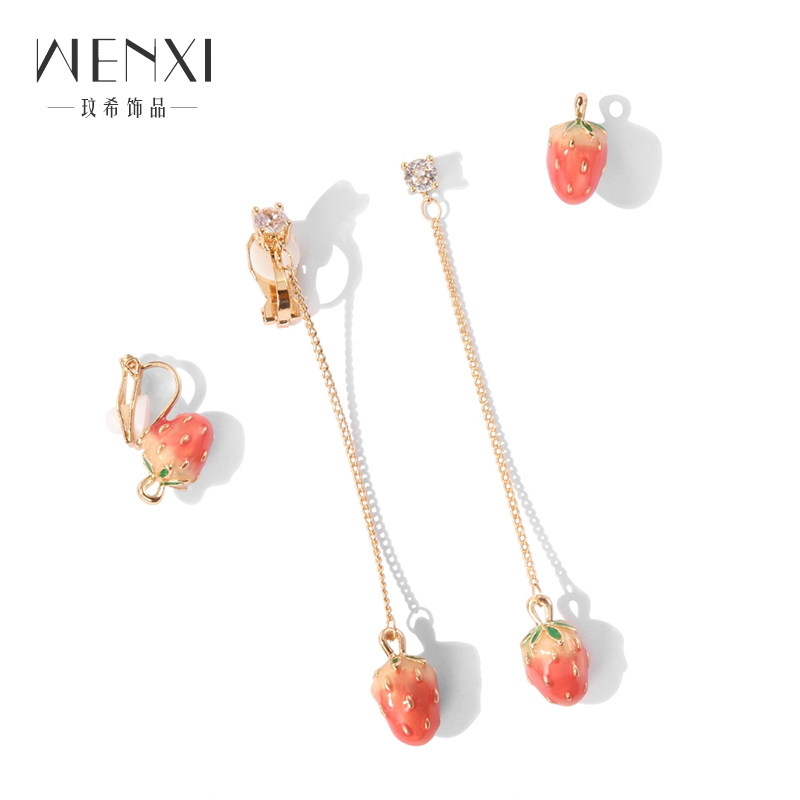 Young girl heart strawberry earrings Korean personality, pure silver ear crash simple long-edition temperament earbutton without ear needle