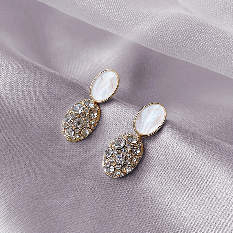 Oval Water Drilling Earring 2022 new tide mesh red temperament earneedle female pure silver high - sensory ear crash personality ear