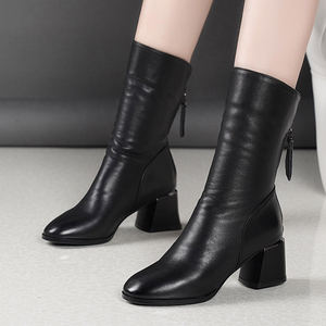 网红靴子女加绒中筒靴女粗跟