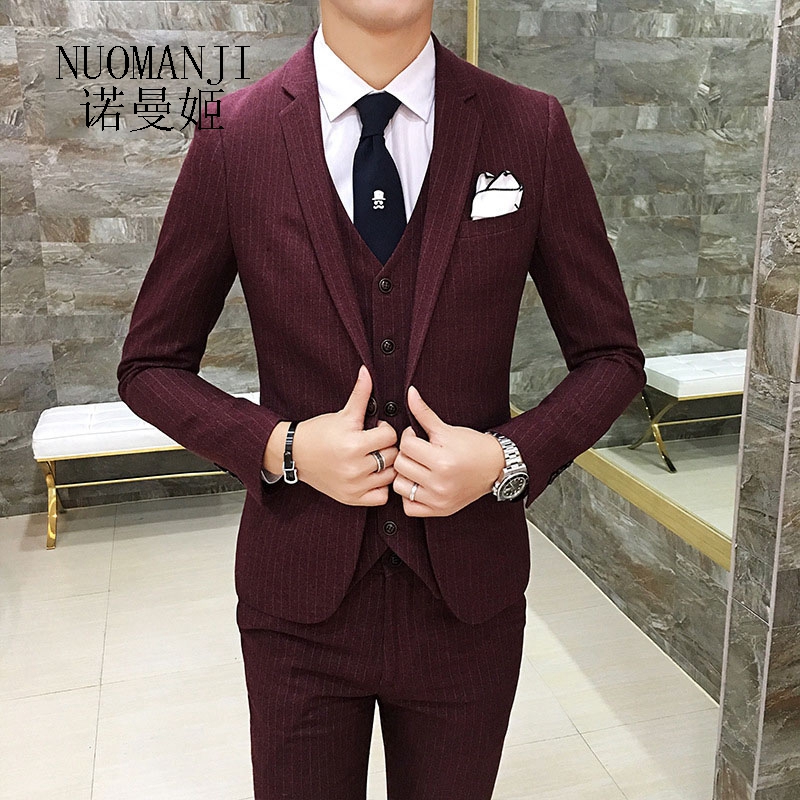 Norman Ji's new men's suit suit three-piece striped slim fit OL overalls groom wedding suit tide