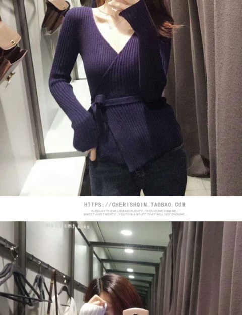 Mùa xuân và mùa hè thon gọn bên cà vạt thắt nơ cổ chữ V đan áo len nữ thắt lưng ngắn tay dài áo len nam
