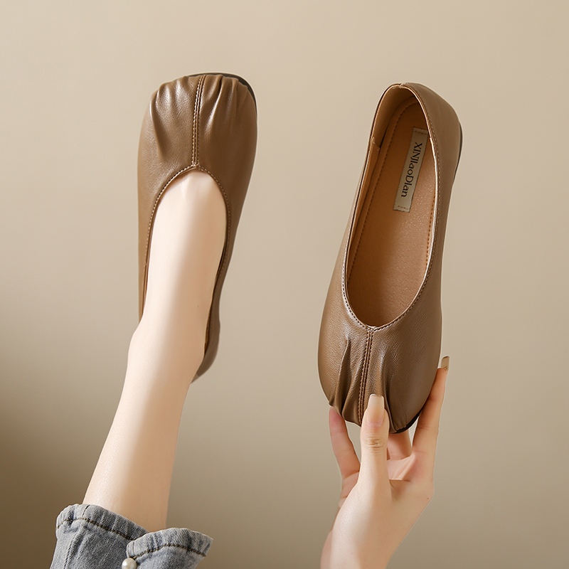 Genuine Leather Women's Shoes to Match Skirts, Summer Style Small Leather Shoes, Soft-Soled, Elegant Loafers, Slip-On Flat Shoes, Granny Shoes