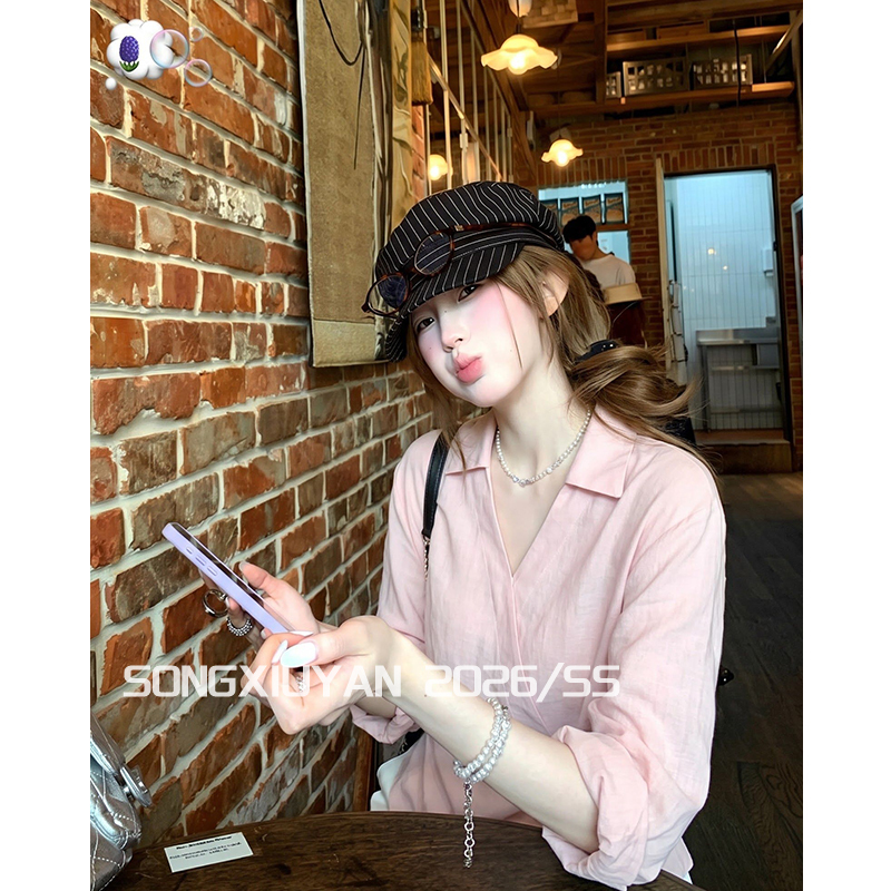 Song Xiuyan Seniors Dopamine Light Pink V-Neck Shirt Early Autumn Relaxed Waist-Cinching Long-Sleeve Shirt