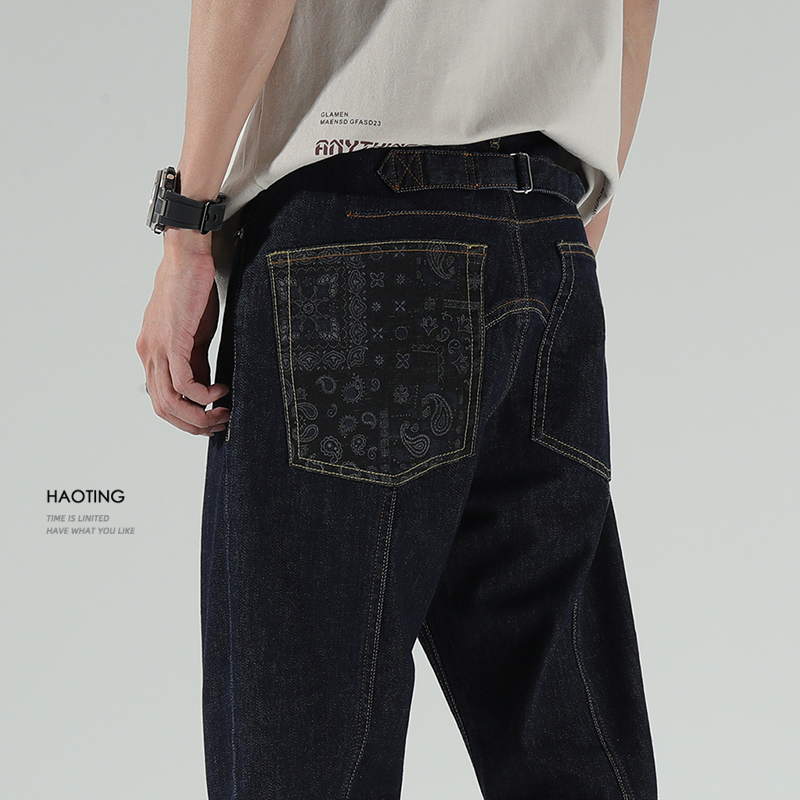 Retro Paris buckle primary color jeans men's elastic workwear straight cropped pants spring and autumn Ami khaki casual pants trendy