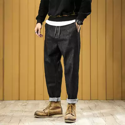 Autumn black jeans men's loose straight tube elastic casual tapered pipe pants men's large size Haren tide tide