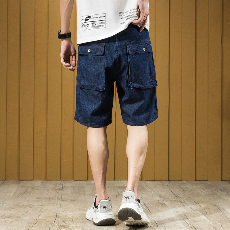 Thin original denim denim denim shorts male casual straight cylinder loose horse pants summer indigo overalls bag 50% pants