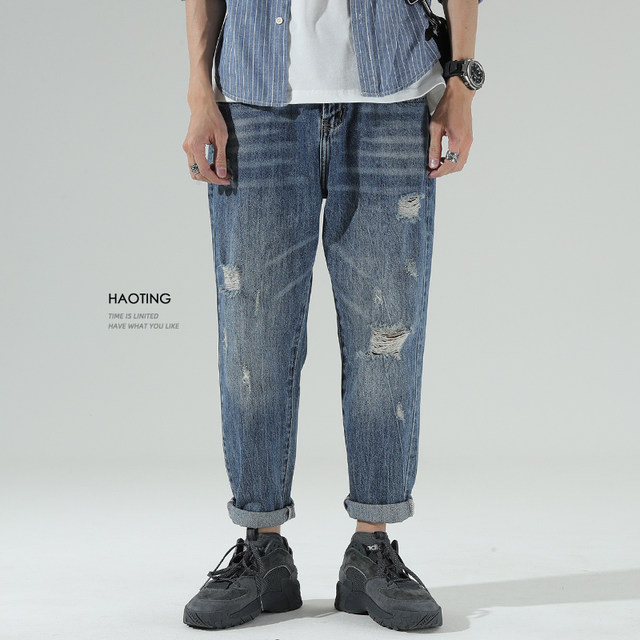 Haoting summer ripped jeans ຜູ້ຊາຍວ່າງເກົ້າຈຸດກາງເກງກະເປົ໋າ workwear ສະດວກສະບາຍ versatile trendy pants beggar ຍີ່ຫໍ້