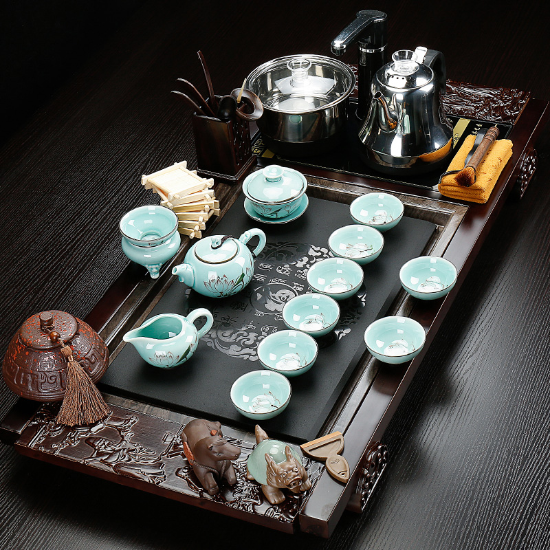 Back on a complete set of kung fu tea set four ceramic home tureen violet arenaceous electric furnace and solid wood tea tray