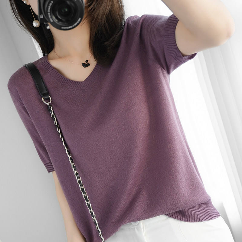 Thin knitted short-sleeved t-shirt women's 2021 summer new V-neck loose short ins tide top V-neck half-sleeve