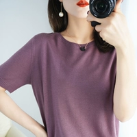 Тонкая шерстяная летняя однотонная приятная телу футболка с коротким рукавом, круглый воротник