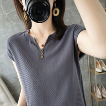 Cotton linen knit short sleeve t-shirt woman 2021 Summer new v collar loose design Small Crowblouse Pure Cotton Half Sleeve Tide