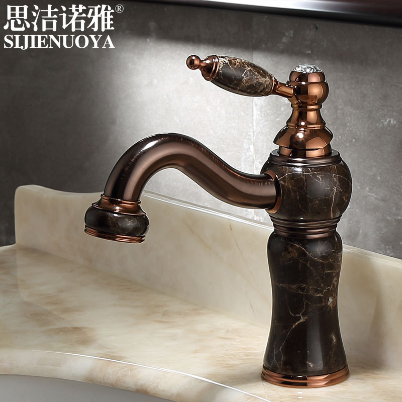 Sijie Noya American-Style Brass Natural Jade Brown Antique Bronze Rose Gold Washbasin Antique Hot and Cold Water Faucet