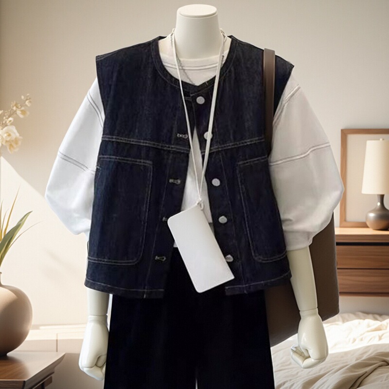 Hong Kong Style Retro Layered Outerwear Slimming Denim Vest for Women Spring New High-End Fashion Sleeveless Waistcoat Jacket