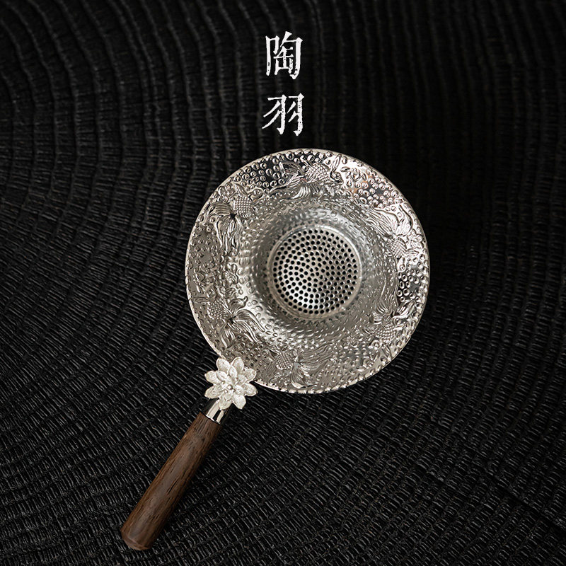 Alloy lotus year with fish plum tea leaking tea strainer solid wood handle handmade with tea set accessories-Taobao