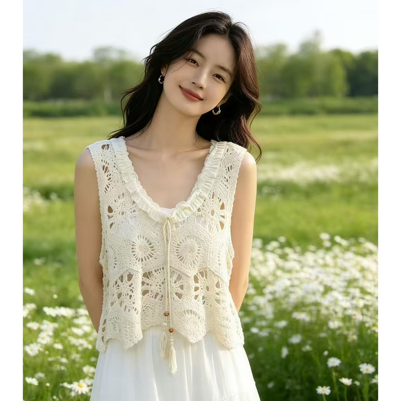 Crochet Hollow-Out Knitted Vest for Women, Summer Outerwear, New Bohemian Style Loose Tank Top, Sleeveless Cover-Up