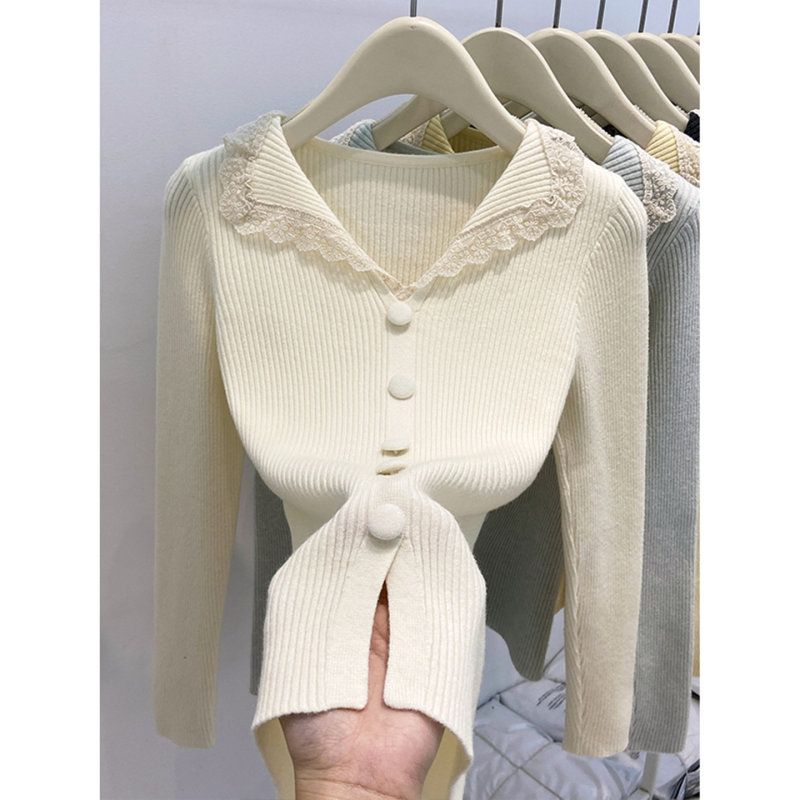 Korean-Style Chic Lapel Lace Patchwork Base Shirt for Women, New Slim-Fit Button-Up Knit Sweater for Spring and Autumn