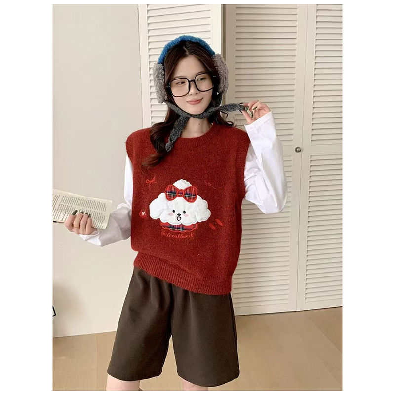 Korean-Style Cute Cartoon Pattern Round-Neck Vest Knitted Vest for Women in Autumn and Winter Christmas Red Atmosphere Vest