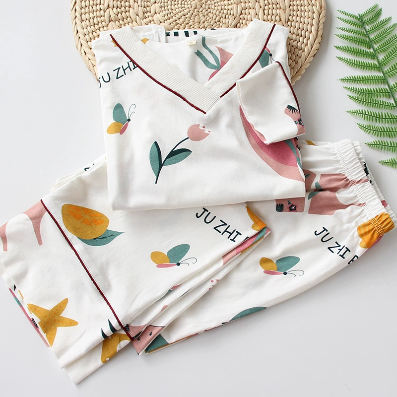 Trên cùng là bộ đồ ngủ nữ rộng rãi cotton nguyên chất Hàn Quốc, tay áo raglan cổ chữ V, đồ mặc nhà, áo dài tay mùa thu học sinh, ngọt ngào - Giống cái