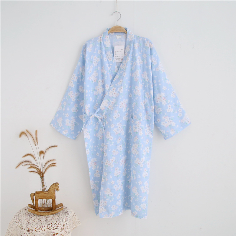 Nhật bản phong cách mỏng áo bông gạc áo choàng dịch vụ nhà kimono áo choàng tắm chín- điểm tay áo phần dài mảnh duy nhất nữ mùa hè