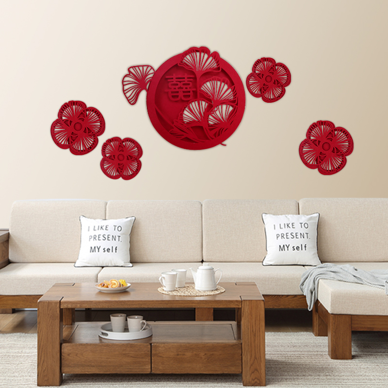 Lotus pond moon color three-dimensional happy word new house creative non-woven hi word wall paste wedding room decoration wedding decoration set