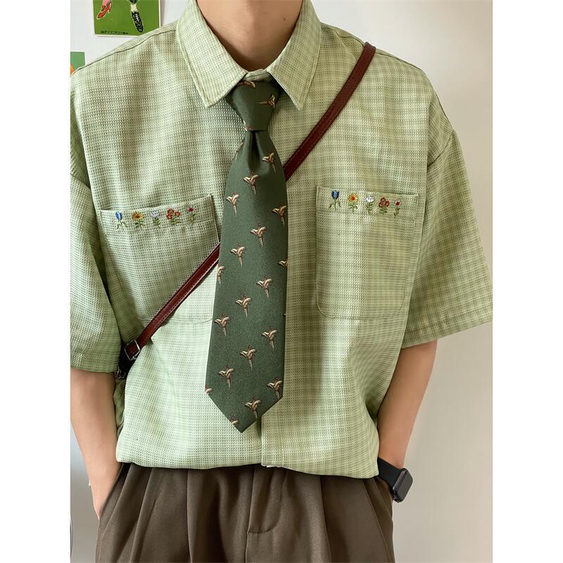 Yinkkssen American Retro Green Shirt Short-Sleeved Niche Design Casual Loose Plaid Shirt Jacket